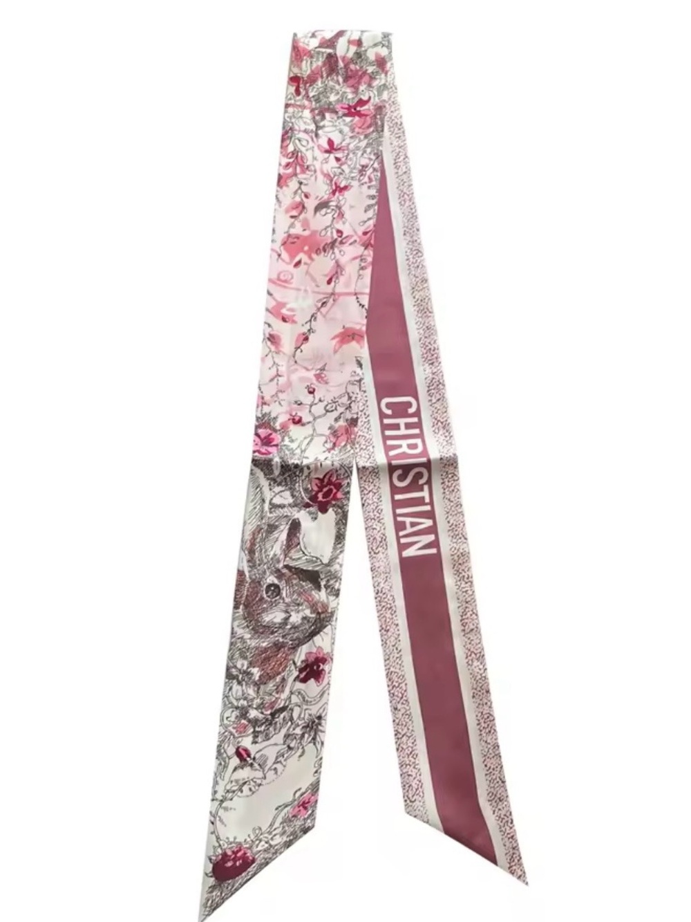 Designer-Inspired Pink Floral Silk Ribbon Scarf with 'Christian' Accent